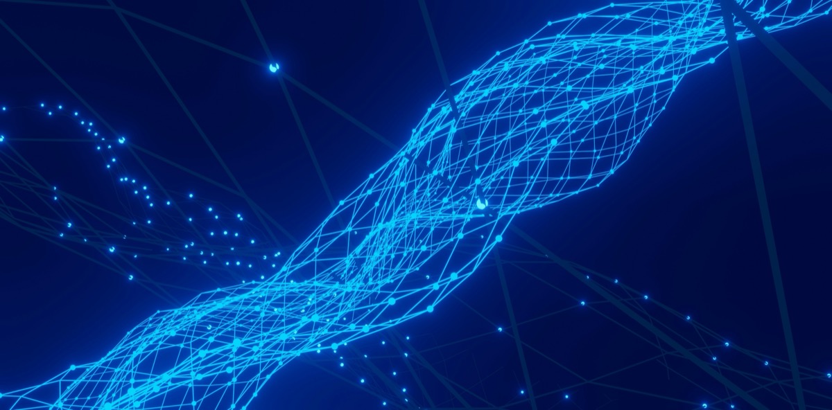 Abstract render of a glowing blue DNA-like strand woven from a connected data network