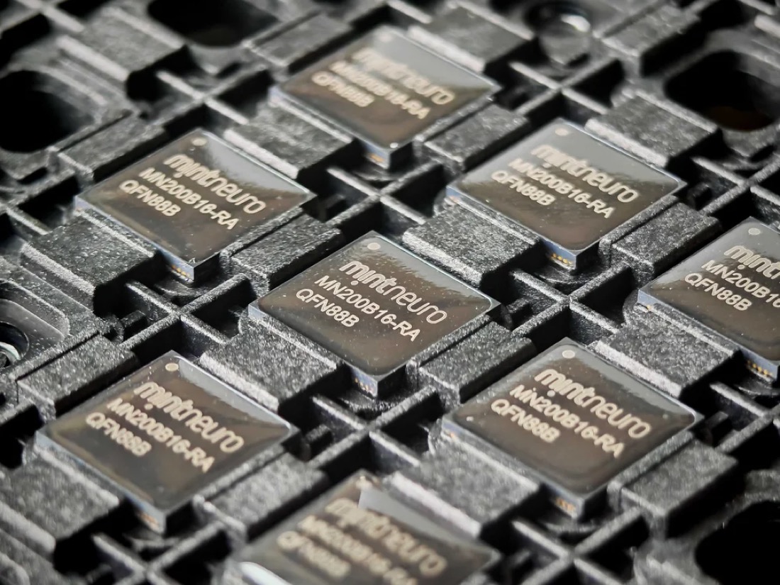 Close-up of MintNeuro-branded microchips on a wafer tray